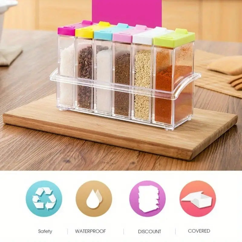 6-Piece Spice Organizer With Stand, Colored Lids And Multi Functions