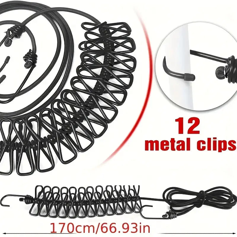 Elastic Retractable Clothesline With Durable Metal Clips